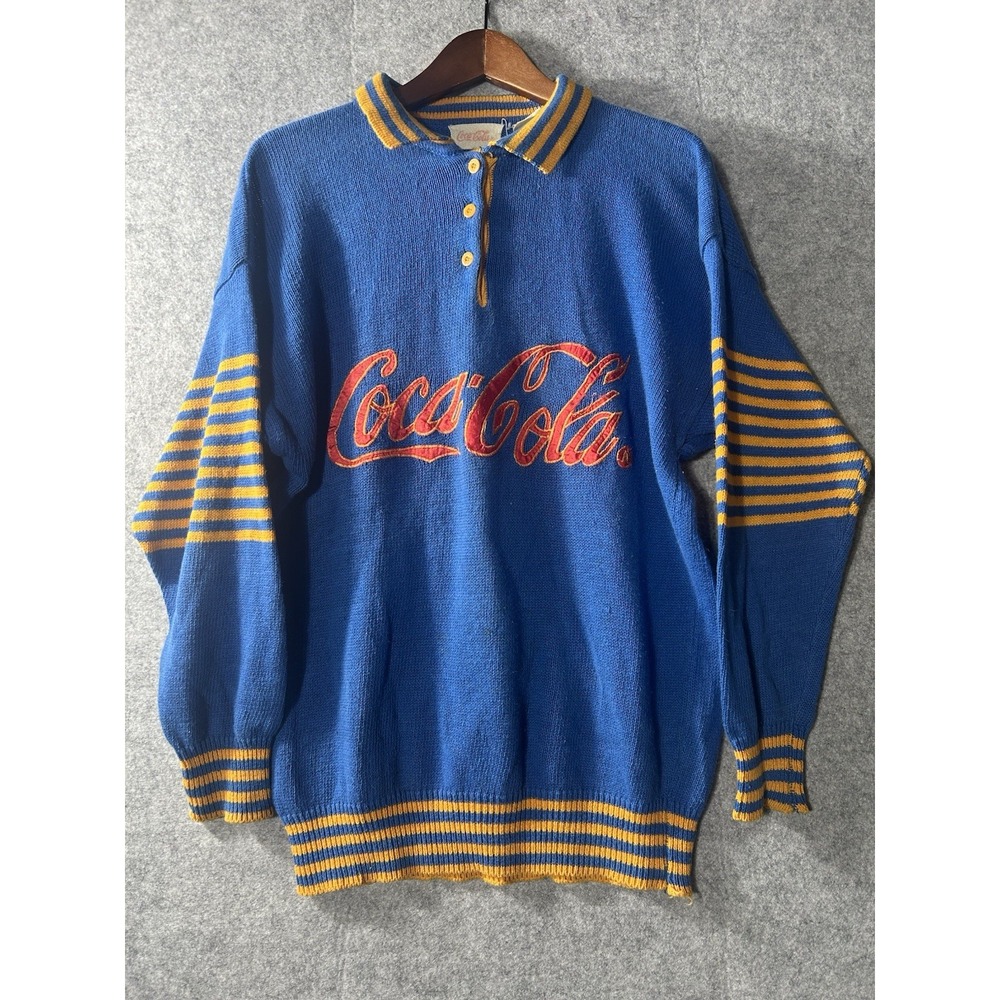 Vintage 80s/90s Coca Cola Blue Yellow Knit Long Sleeve Collared Rugby Sweater XL